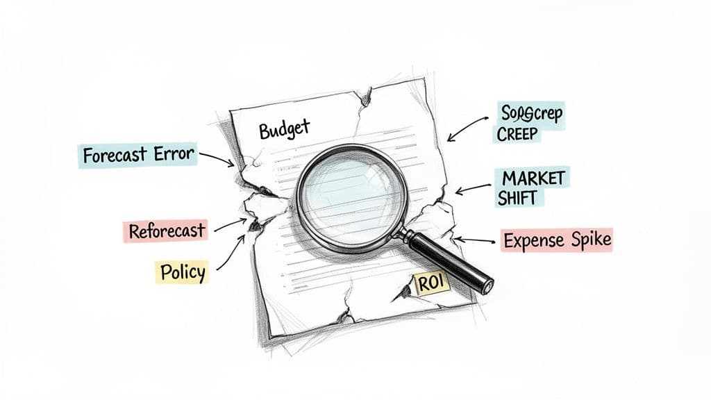 A sketch of a torn budget document under a magnifying glass, surrounded by financial factors like forecast error and scope creep.