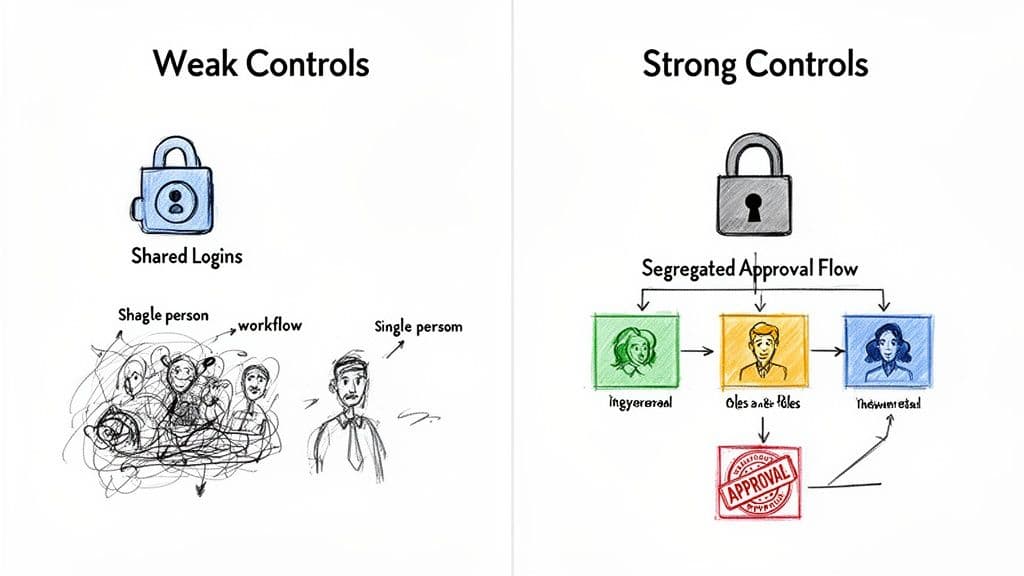 An image contrasting weak controls like shared logins and messy workflows with strong, segregated approval flows.