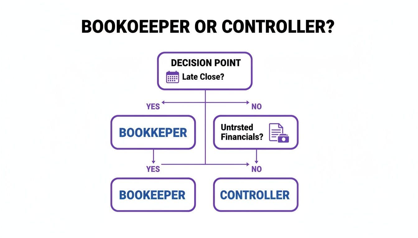 A decision tree flowchart illustrating when to hire a bookkeeper or a controller based on financial close issues.