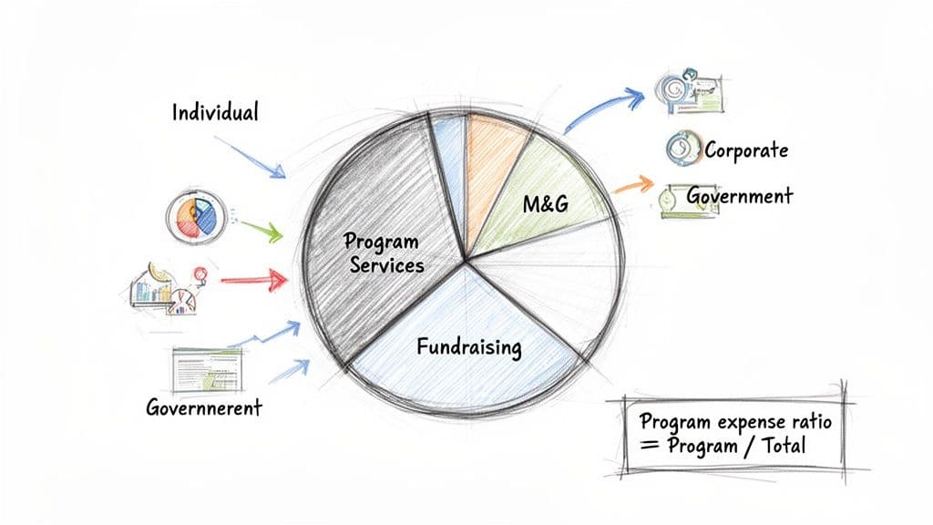 Hand-drawn pie chart illustrating nonprofit expense allocation for program services, fundraising, and management, with funding sources.