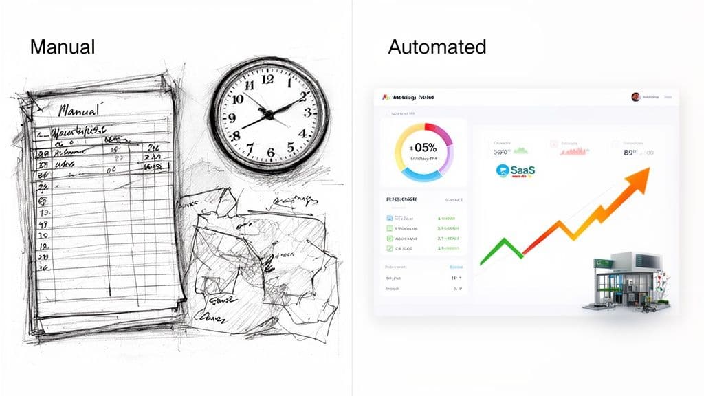 Comparison of manual paper-based financial reporting with a modern automated digital dashboard.