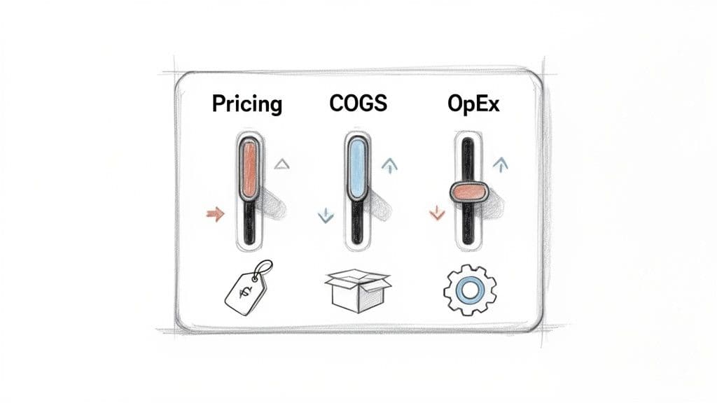 An illustration of three financial sliders for Pricing, COGS, and OpEx, demonstrating profit margin adjustments.