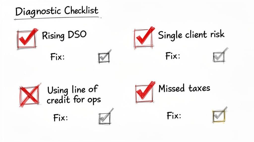 Diagnostic checklist showing common financial issues for small businesses, with red checkmarks and crosses.