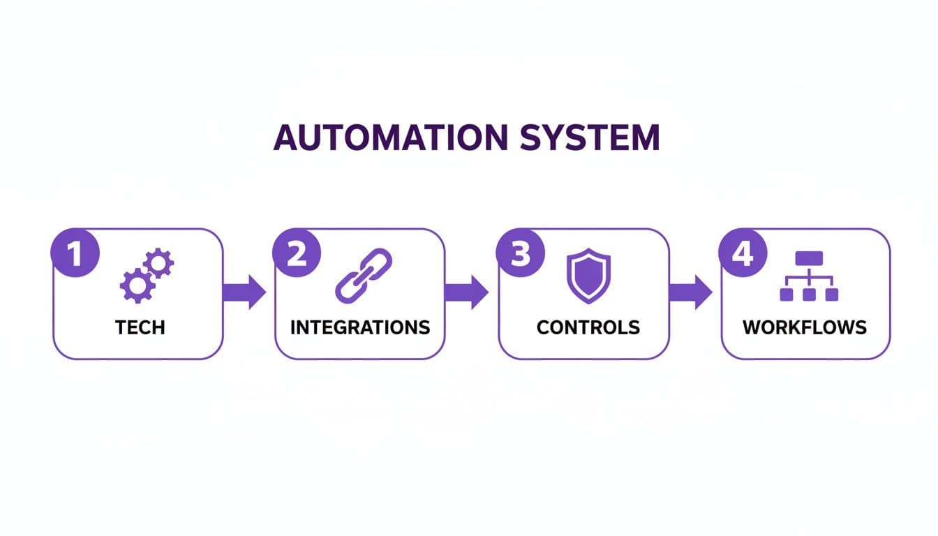 A diagram illustrates a four-step automation system: Tech, Integrations, Controls, and Workflows.