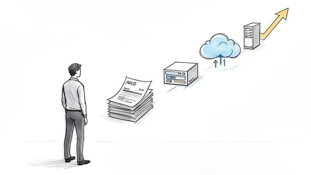 Illustration of a man watching the transformation of paper documents to cloud storage and business growth.
