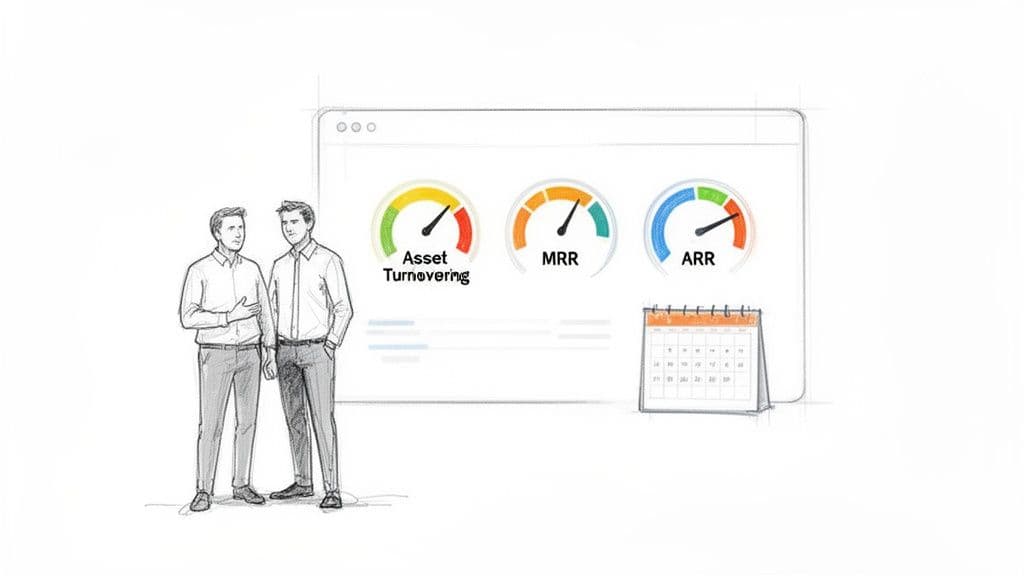 Two businessmen discuss performance metrics displayed on a digital dashboard, including Asset Turnover, MRR, and ARR.