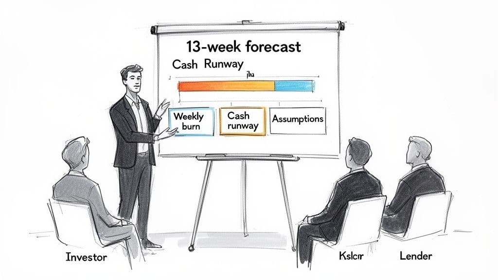 A man presents a 13-week cash flow forecast to an investor, a stakeholder, and a lender.