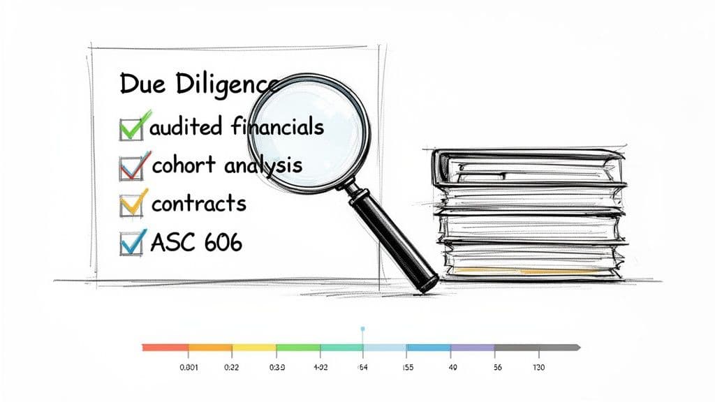 A whiteboard checklist for due diligence, including financials, cohort analysis, contracts, and ASC 606.