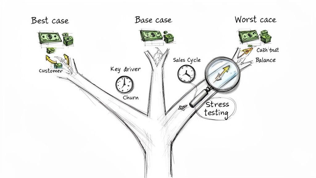 A hand-drawn diagram illustrating best, base, and worst-case financial scenarios for a business.