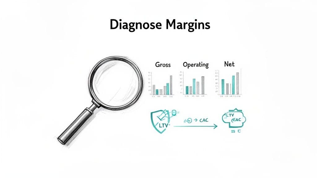 A magnifying glass scrutinizing financial performance, showing charts for gross, operating, and net margins, plus LTV and CAC metrics.