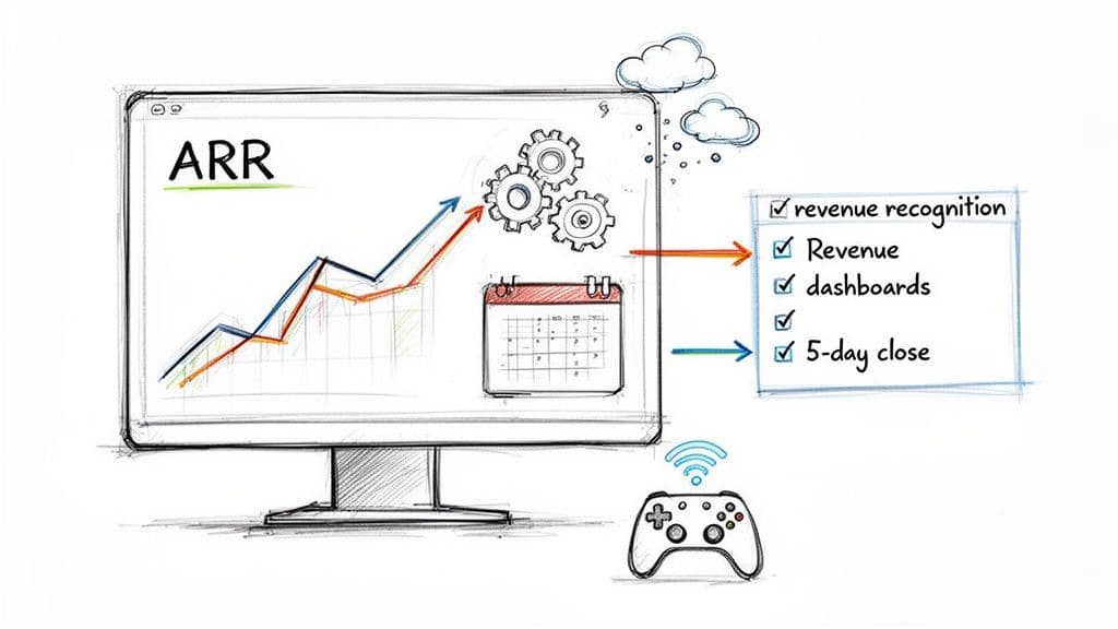 Illustration showing a monitor with ARR growth, gears, calendar, and a checklist of financial management tasks.