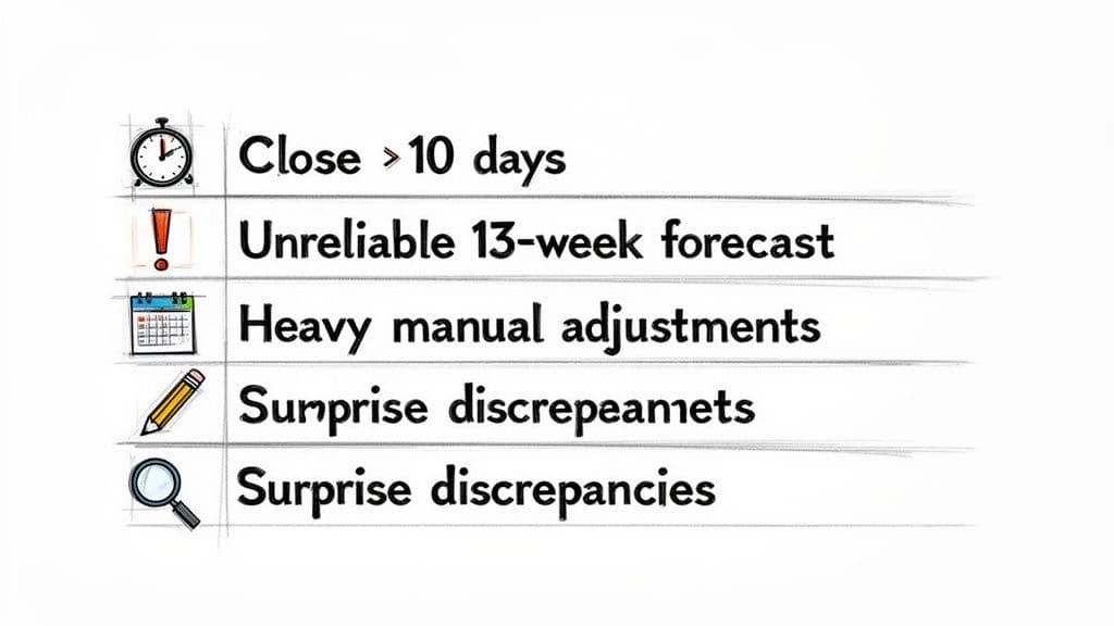 A list of five common business problems, including delayed closing, unreliable forecasts, and manual adjustments.