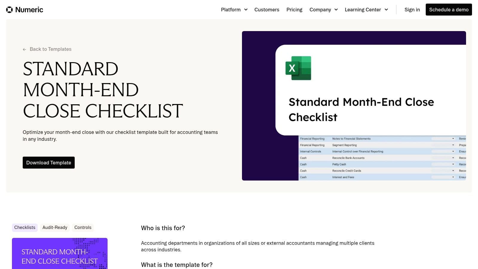Numeric month-end close checklist template in Excel