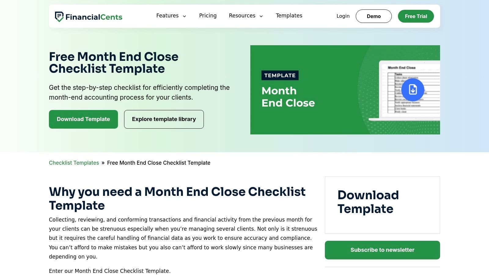 Financial Cents month-end close checklist template landing page