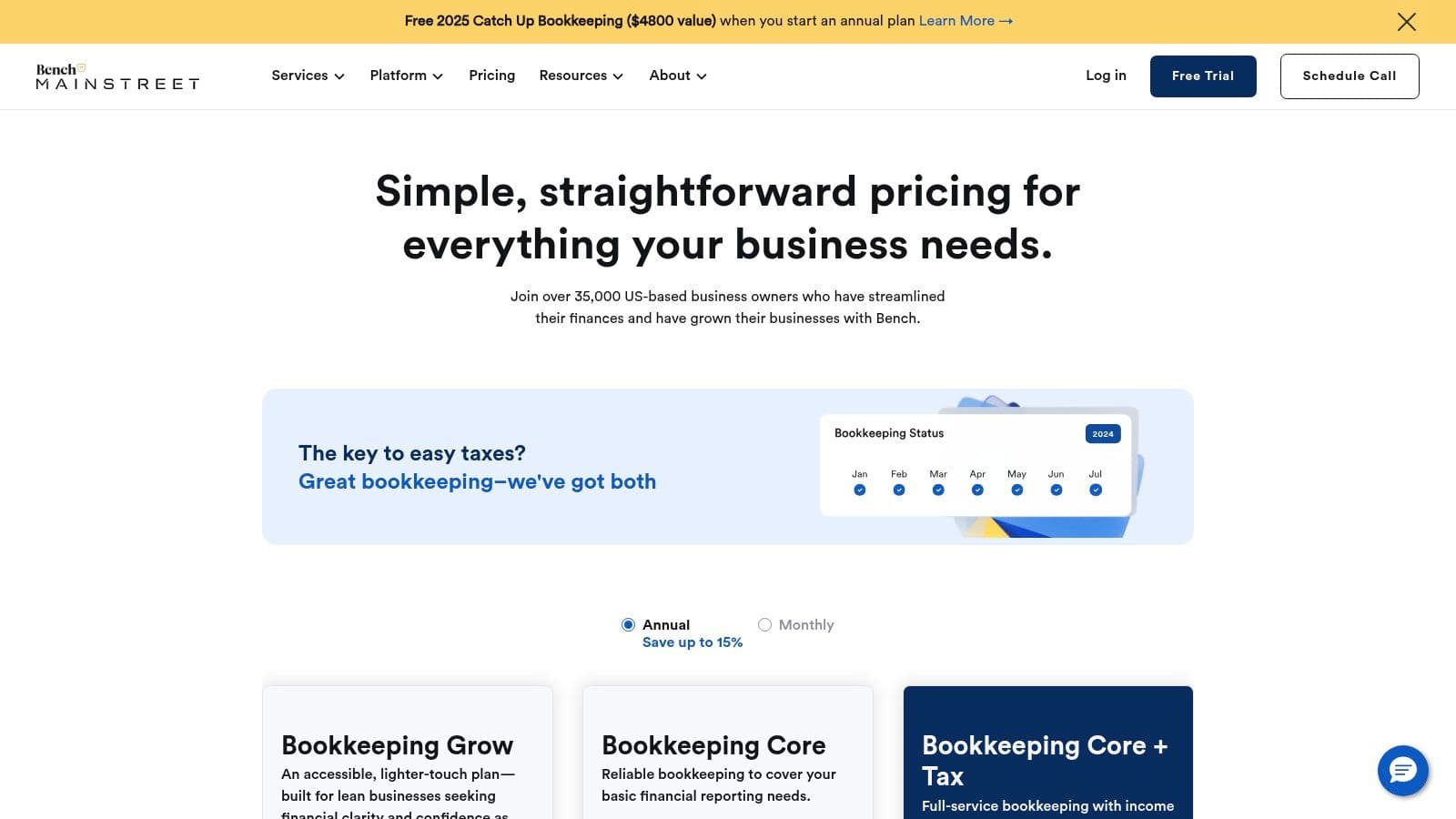 Bench's bookkeeping pricing tiers showing Essential and Premium plans.
