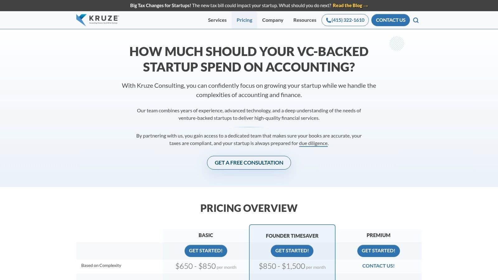Kruze Consulting's pricing tiers and features for startup accounting.