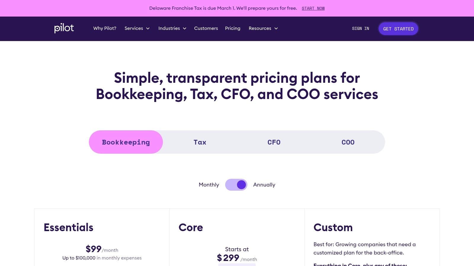 Pilot's pricing plans for outsourced accounting services, showing Essentials and Core tiers.