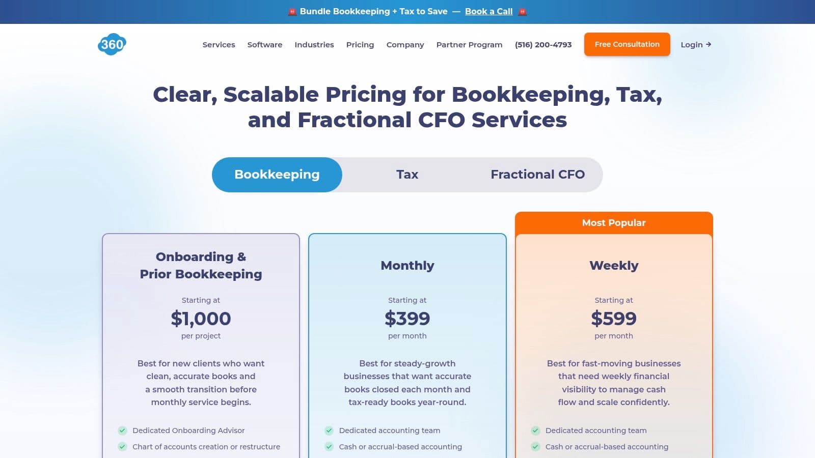 Bookkeeper360's pricing plans, detailing monthly and weekly bookkeeping options.