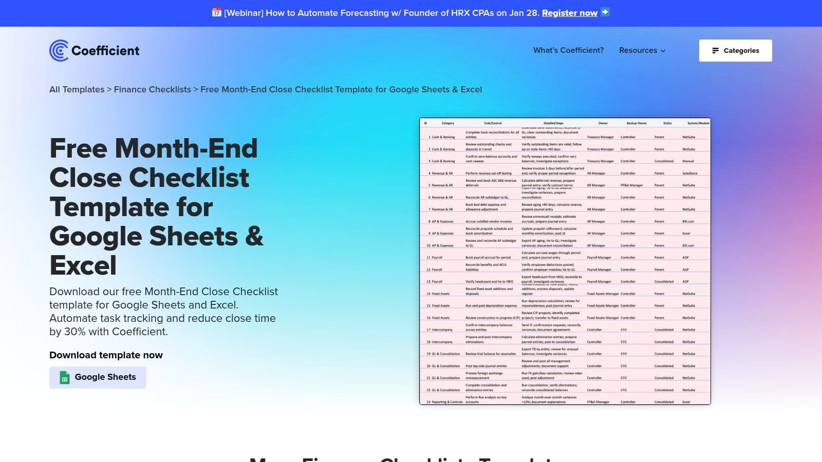 Coefficient month-end close checklist template finance tasks