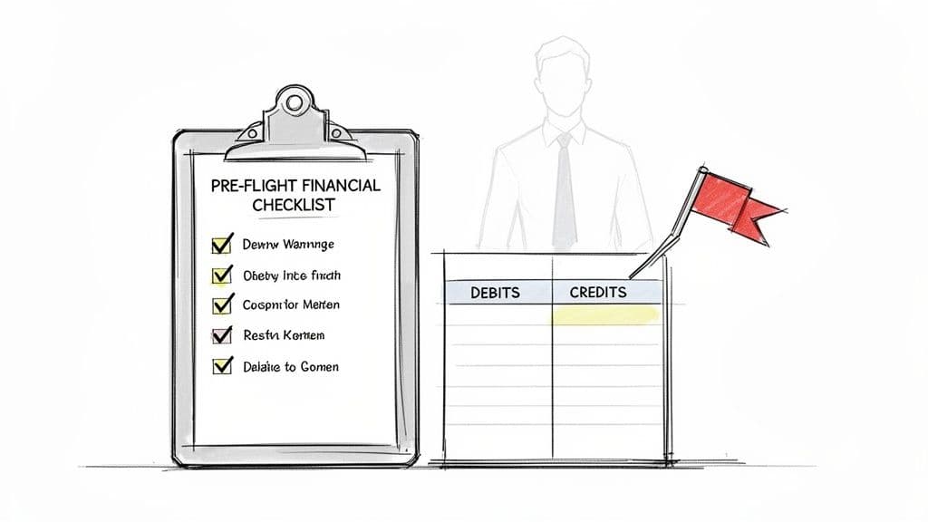 A pre-flight financial checklist on a clipboard with items checked, next to a debits and credits ledger and a red flag.