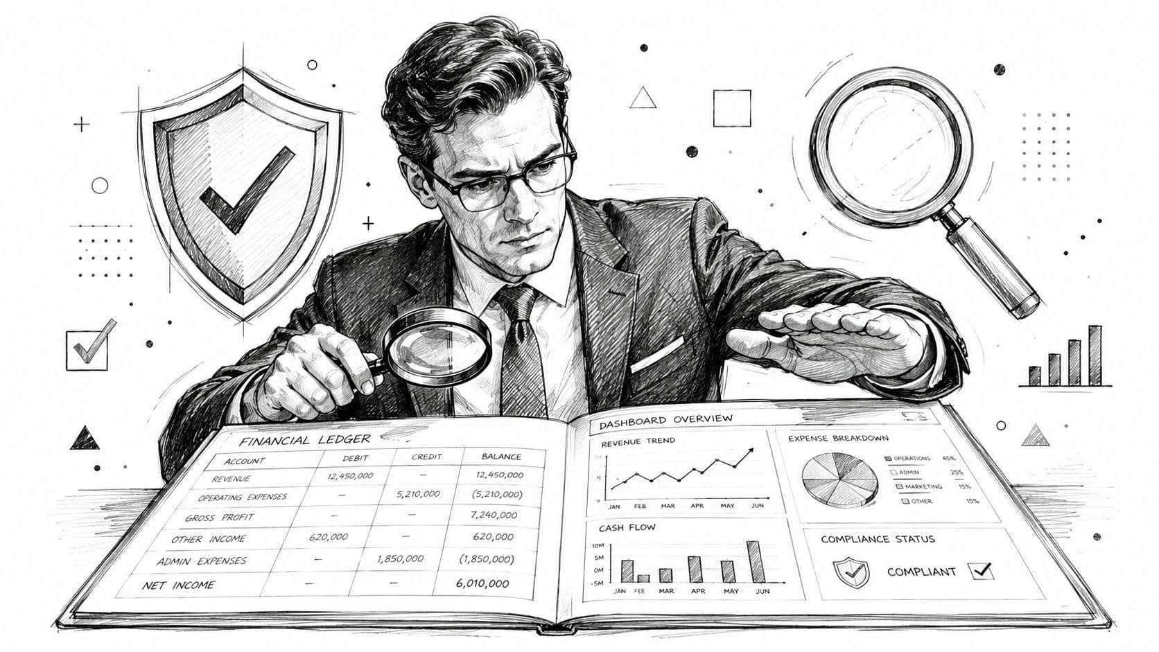 A professional financial analyst examines a detailed ledger and business dashboard with a magnifying glass.