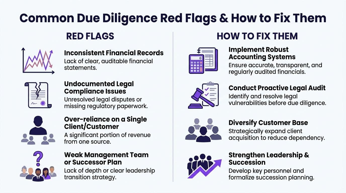 A table outlining common business due diligence red flags and strategies to fix each issue effectively.