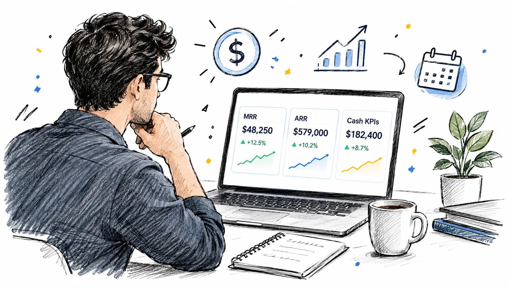 A person looking at financial performance metrics including MRR, ARR, and cash KPIs on a laptop screen.