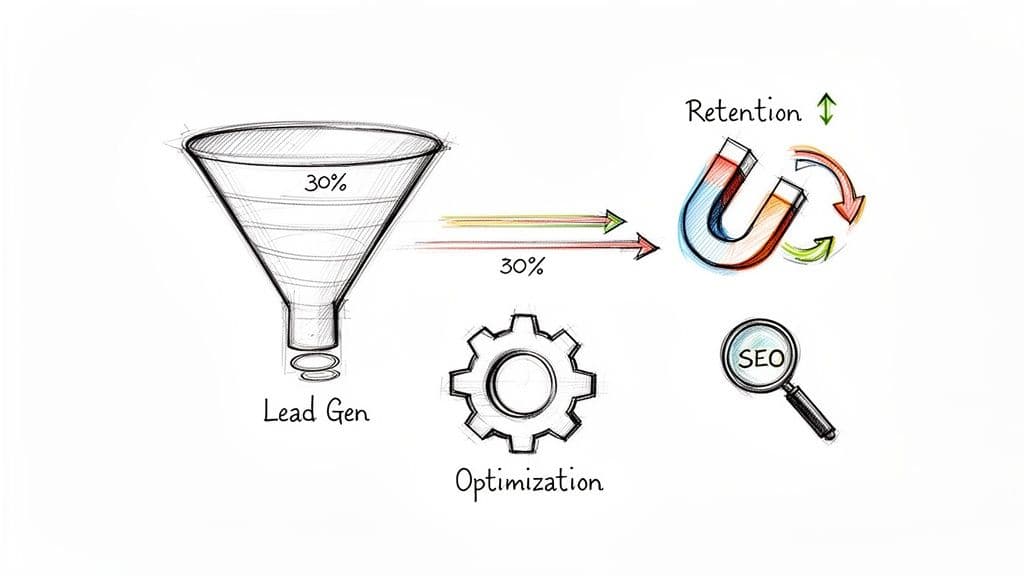 A hand-drawn diagram illustrating a marketing funnel, retention magnet, optimization gear, and SEO magnifying glass.