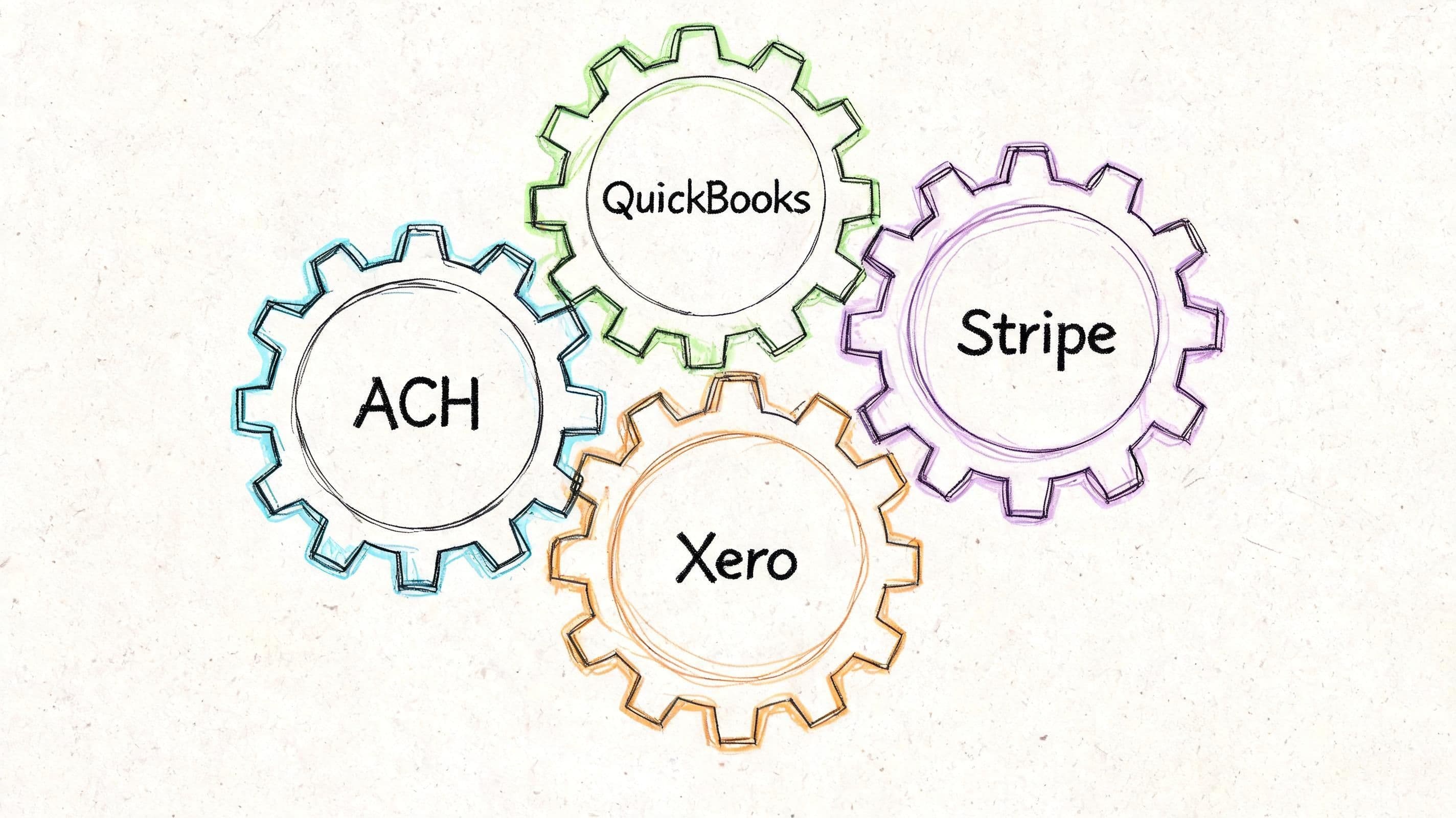 A hand-drawn illustration showing interlocking gears labeled ACH, QuickBooks, Xero, and Stripe on a paper background.