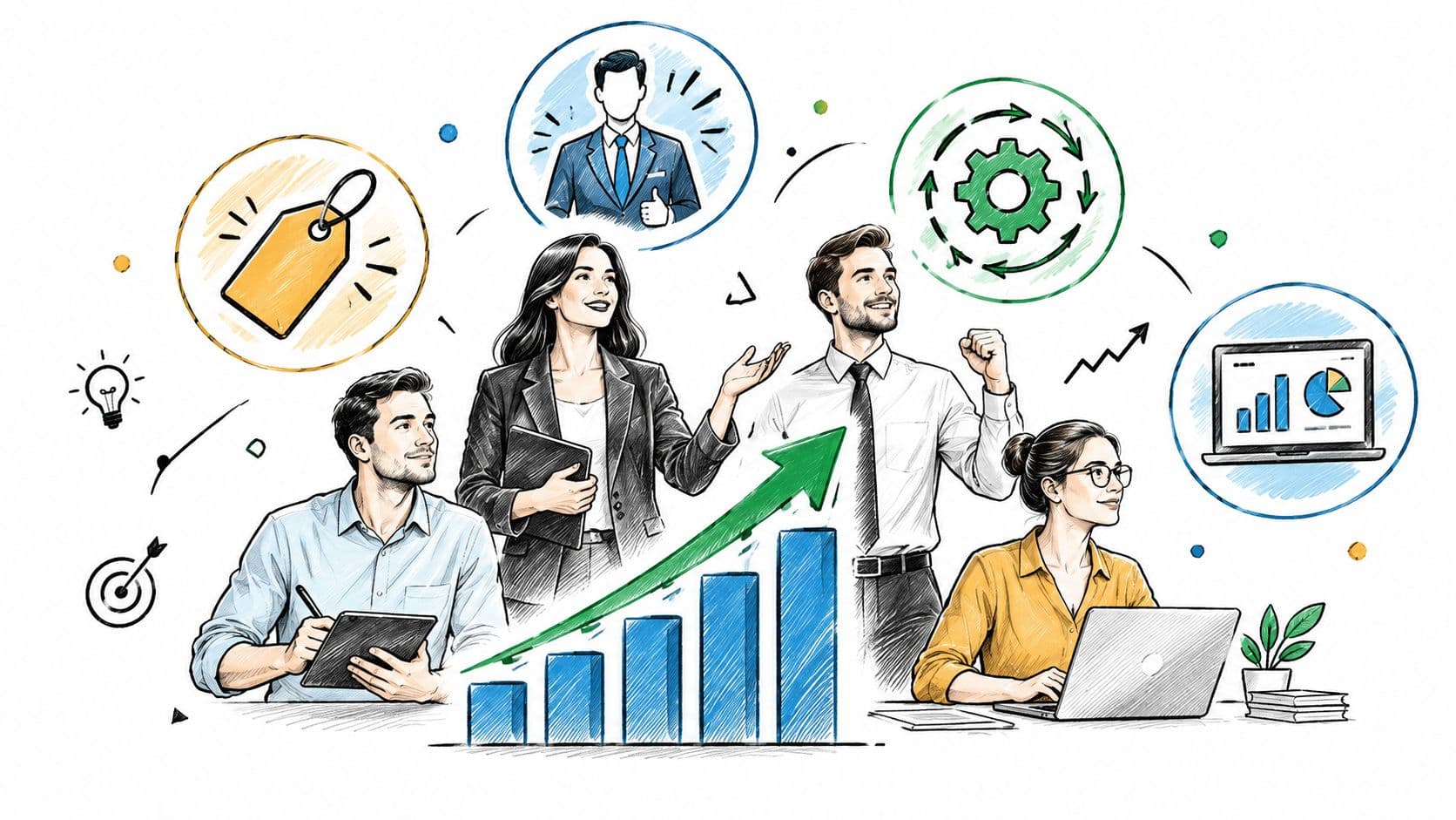 A professional team collaborating on business growth strategies with charts, analytics, and performance icons in the background.