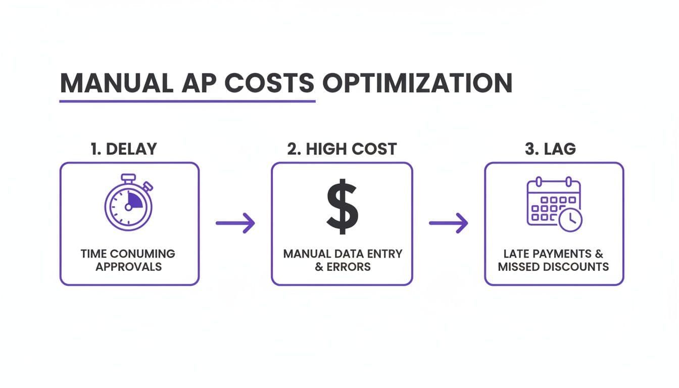 A flowchart detailing the inefficiencies and costs of manual Accounts Payable processes: delay, high cost, and lag.