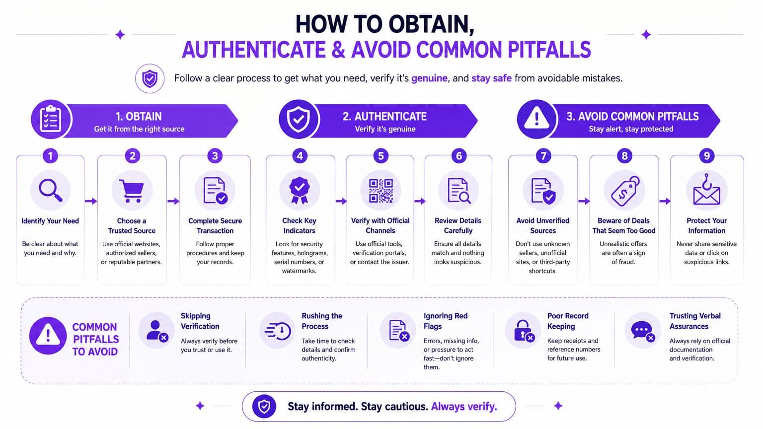 A step-by-step infographic illustrating how to obtain, authenticate documents, and avoid common security pitfalls.