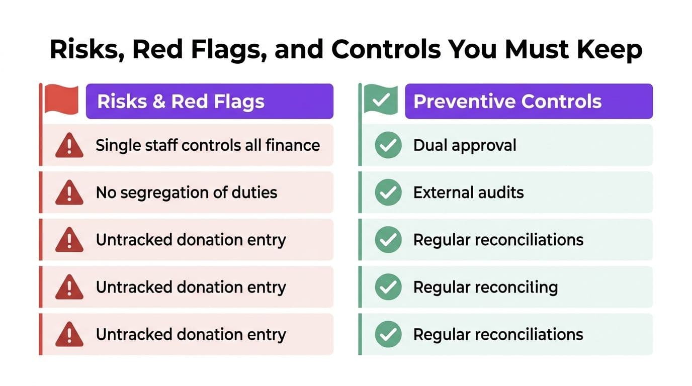 A comparison chart showing business risks and red flags alongside corresponding preventive financial controls for nonprofit organizations.