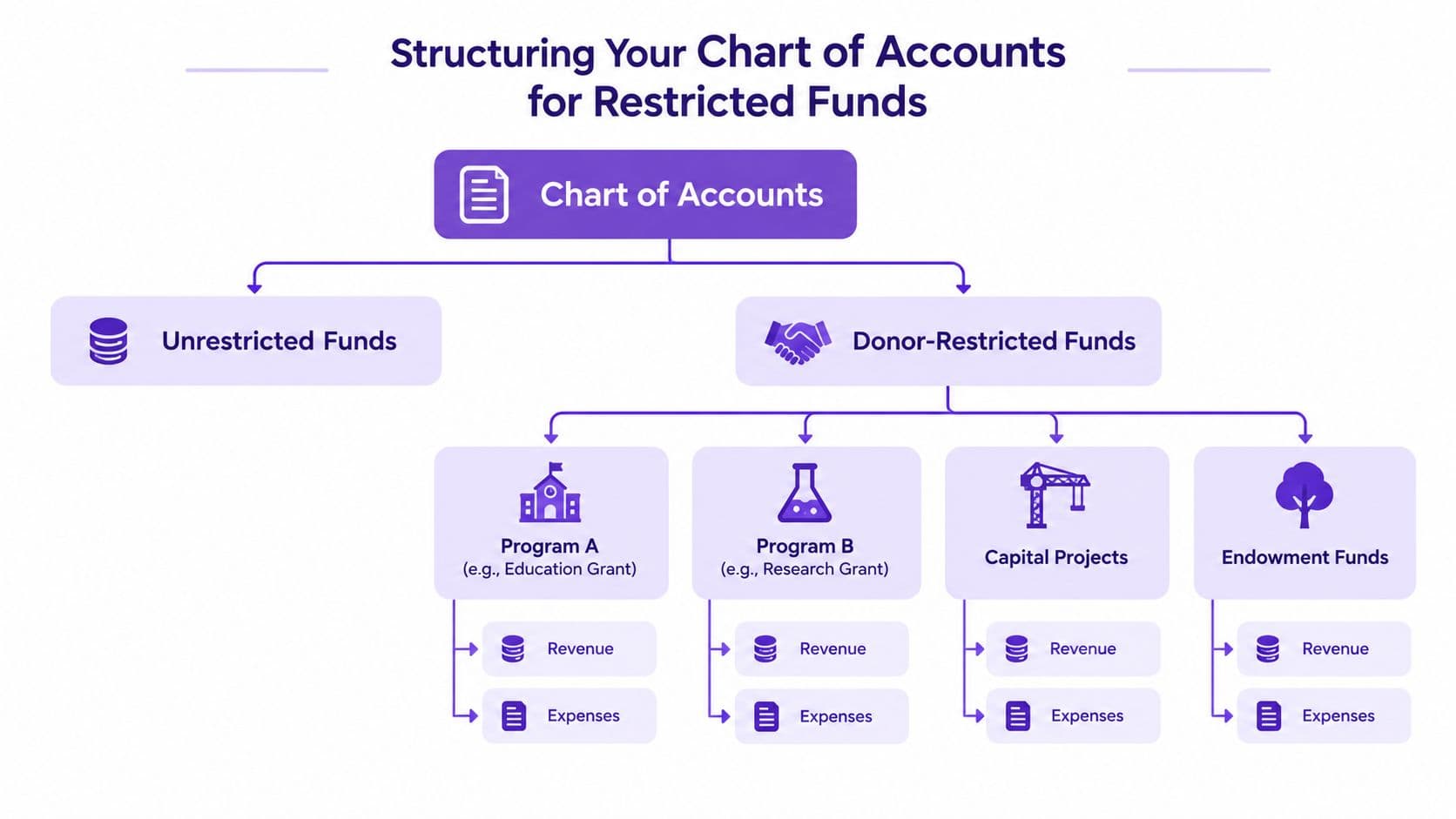 A diagram illustrating how to organize a chart of accounts for unrestricted and donor-restricted non-profit funds.