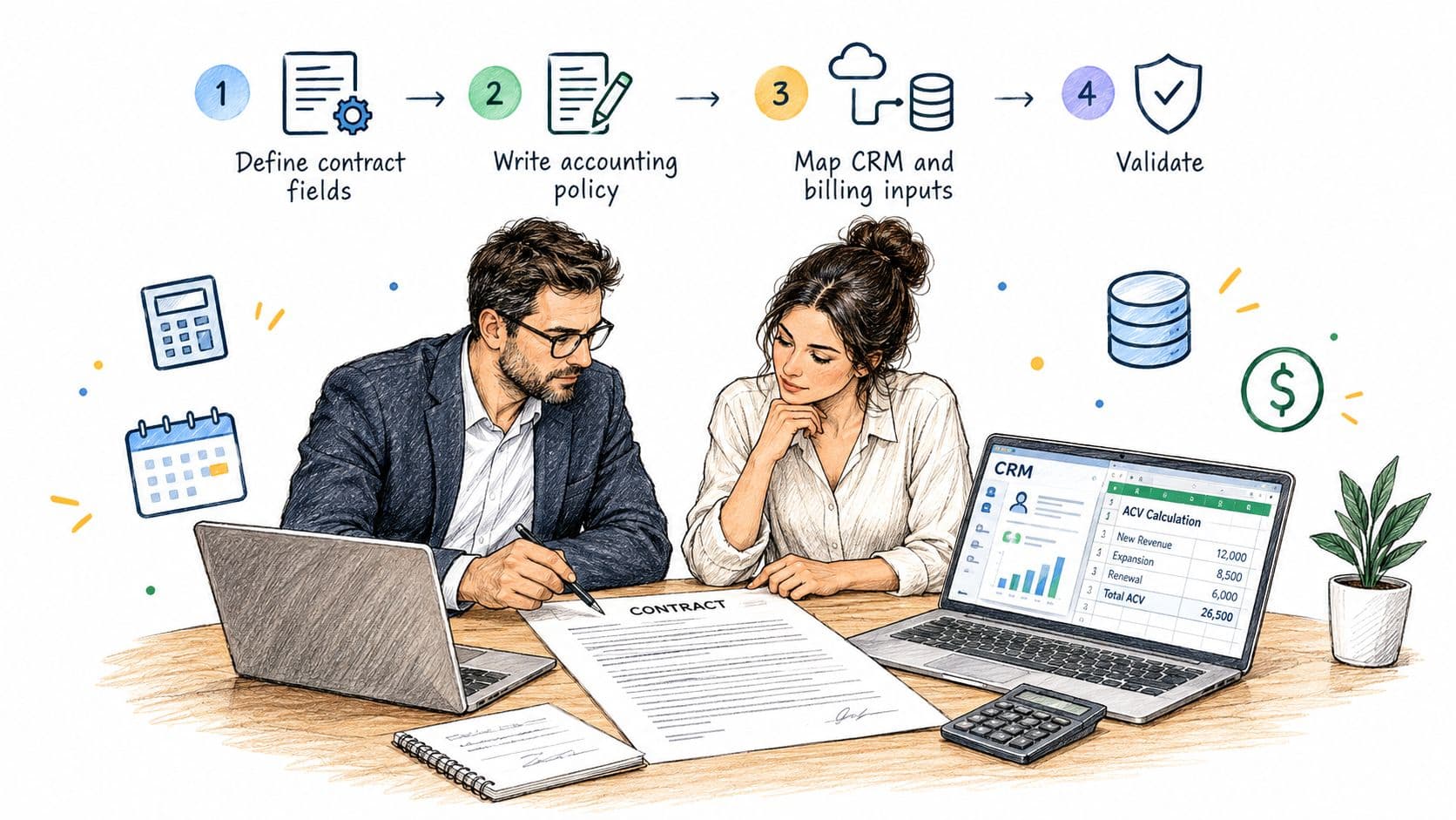 A professional man and woman working together on a SaaS contract and ACV calculations at a desk.