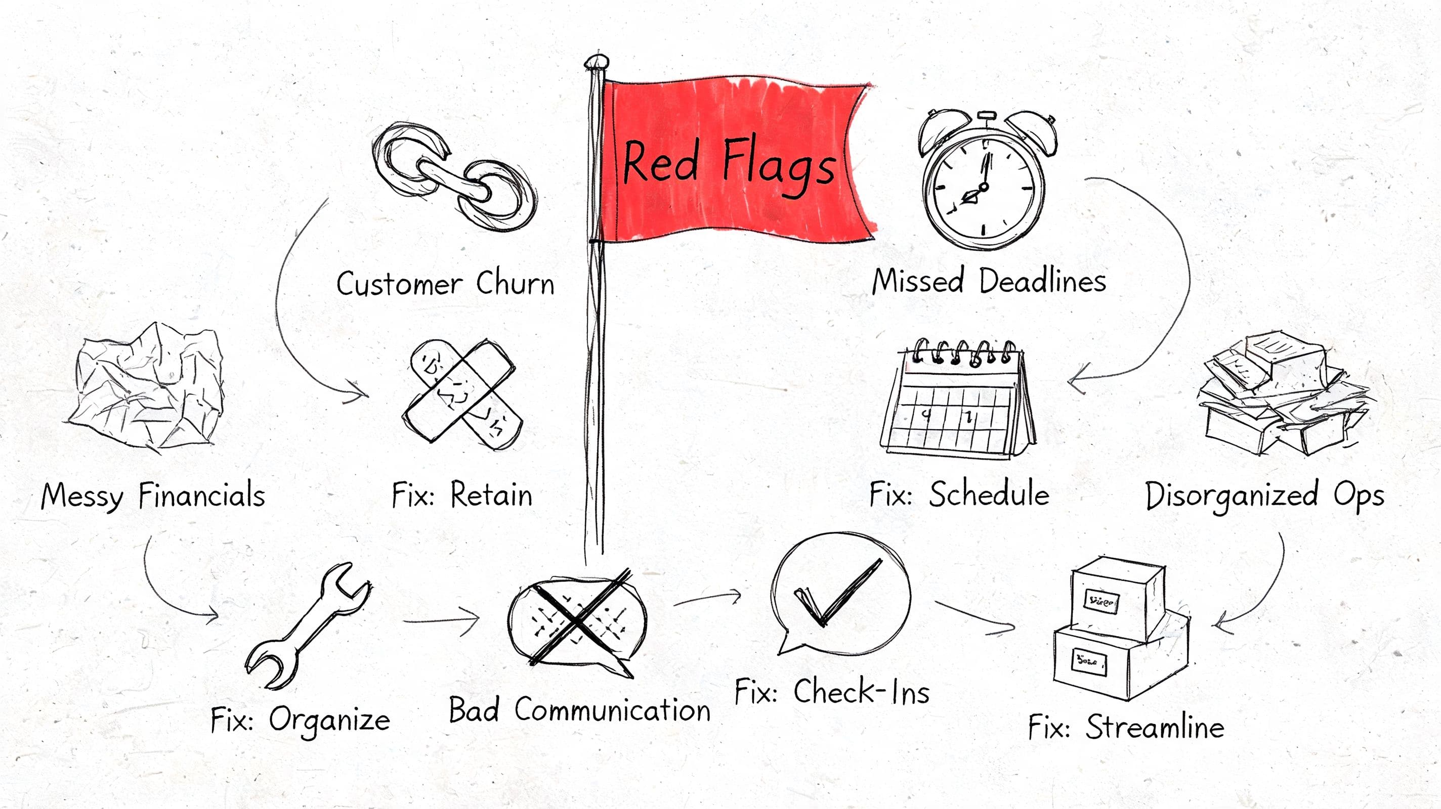 An infographic showing common business red flags like churn and missed deadlines alongside their respective strategic fixes.