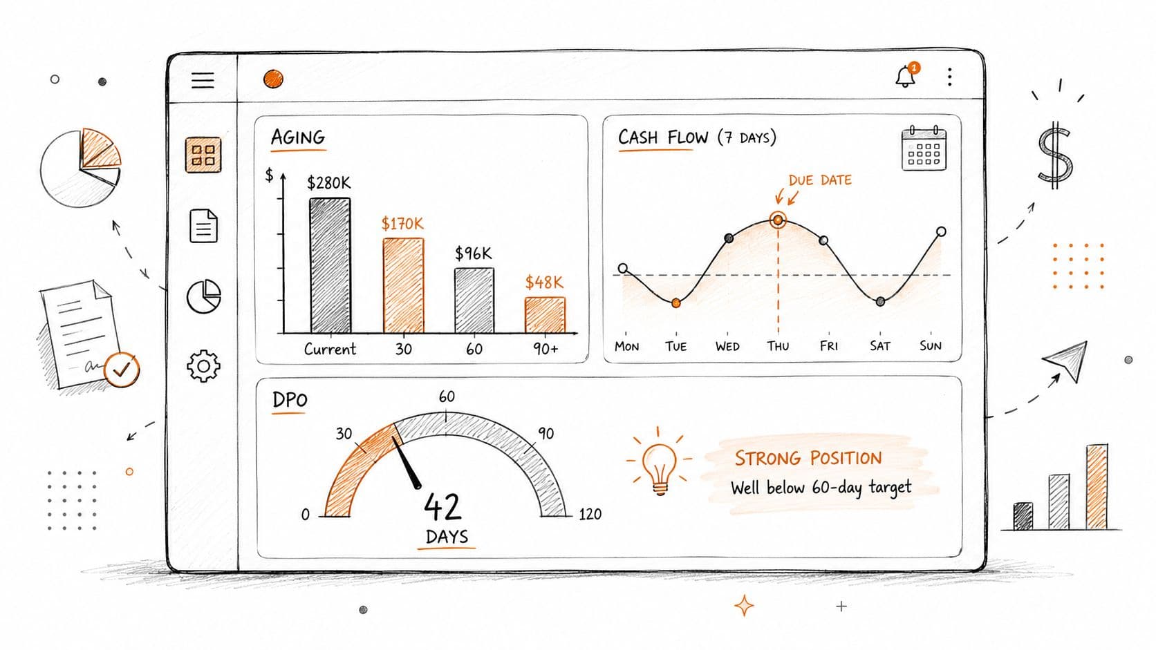 A hand-drawn sketch of a financial dashboard showing accounts receivable aging, weekly cash flow, and DPO metrics.
