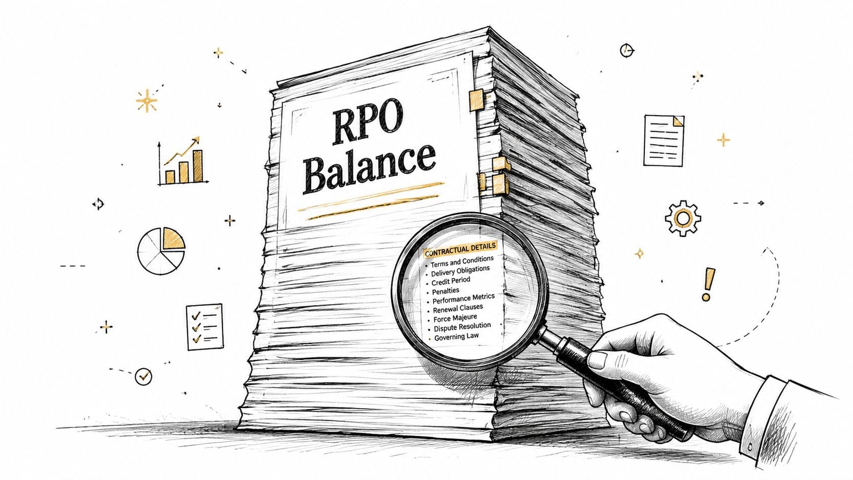 A hand holds a magnifying glass over a large stack of documents labeled RPO Balance, reviewing contractual details.