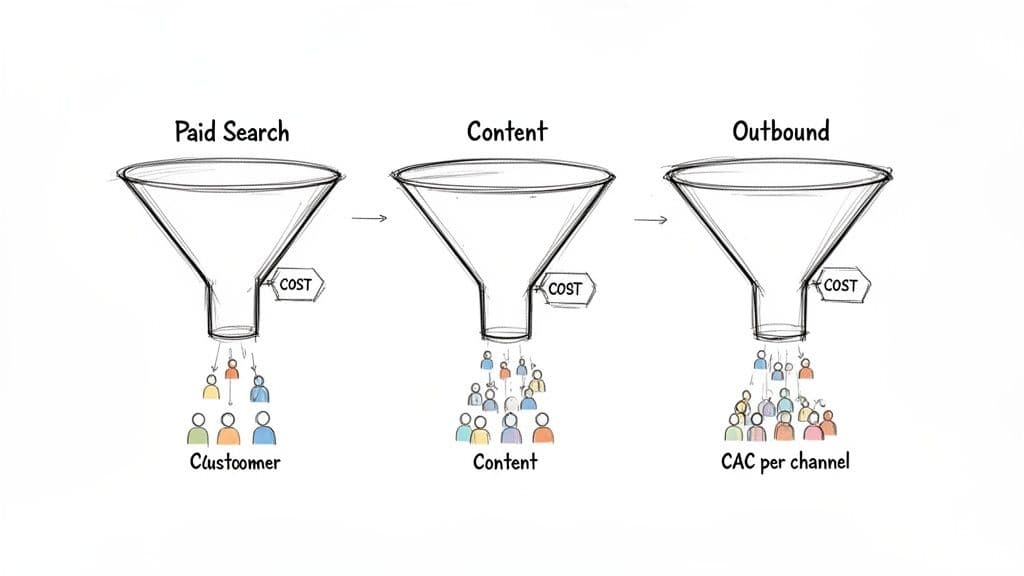 Three marketing funnels illustrate customer acquisition cost (CAC) per channel: Paid Search, Content, and Outbound.