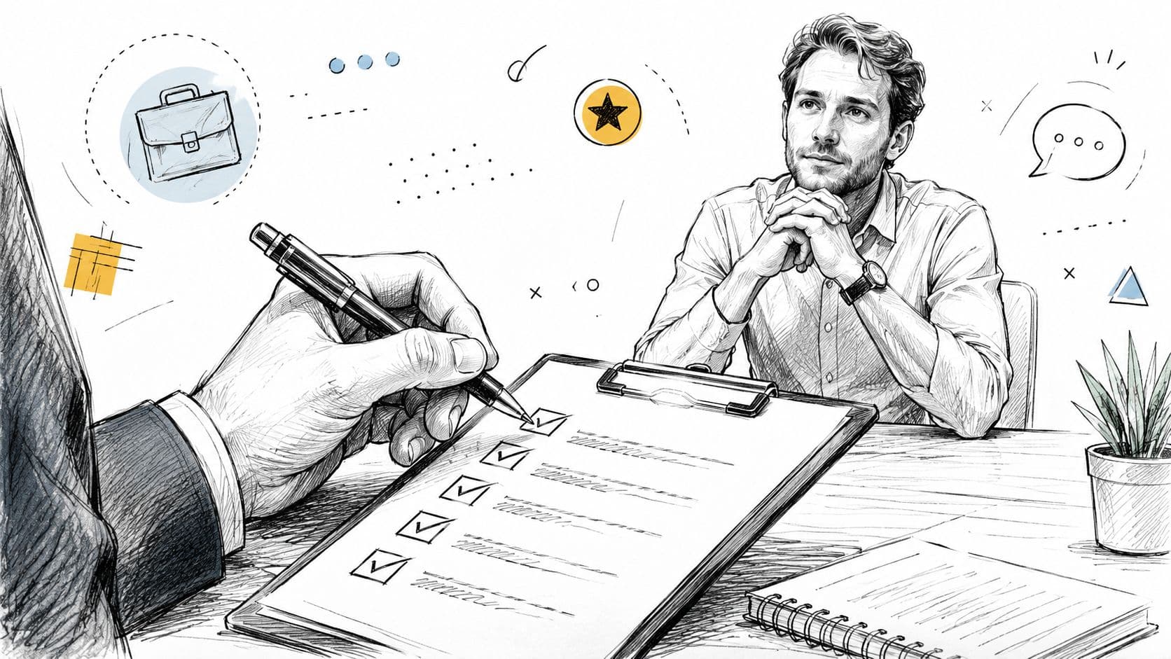 A professional interviewer fills out a checklist while sitting across from a job candidate during a meeting.
