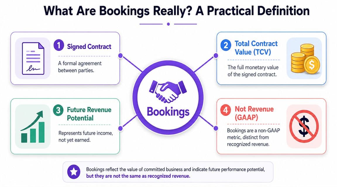 A diagram defining business bookings as signed contracts, total contract value, future revenue potential, and non-GAAP metrics.