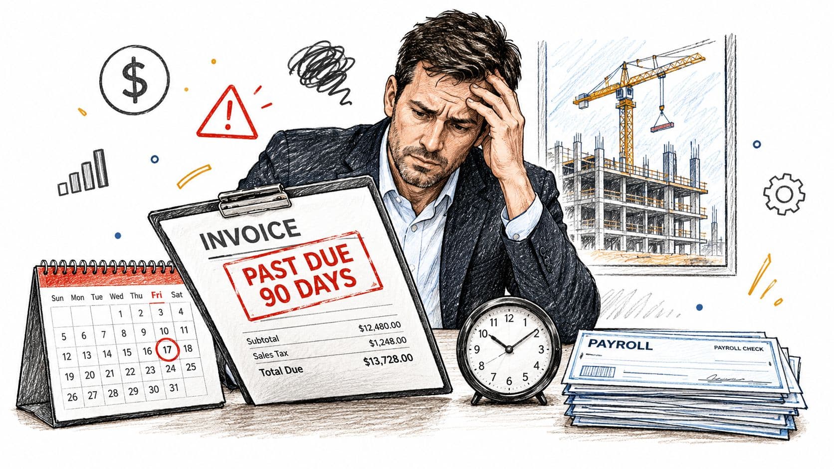 A stressed businessman looking at a past due invoice with a construction site in the background.