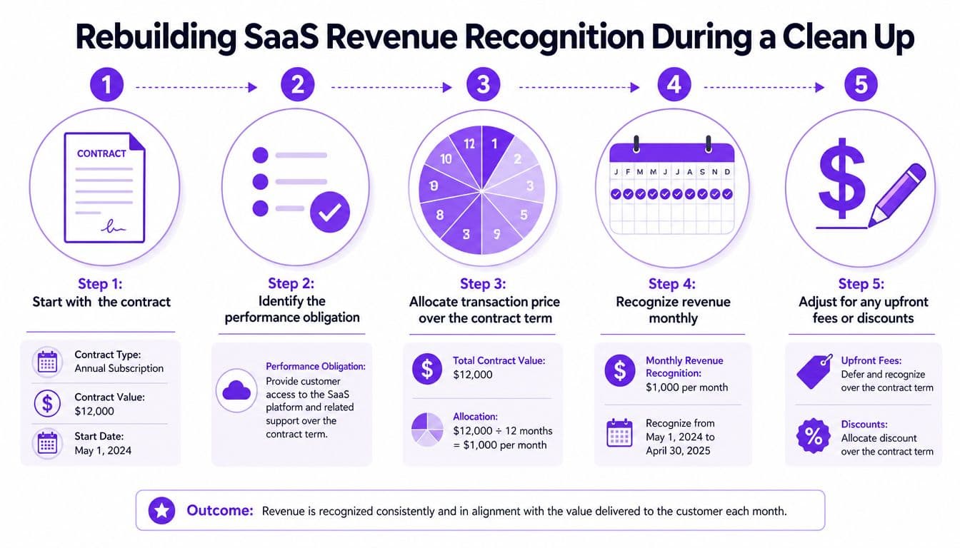 A five step infographic illustrating the process of rebuilding SaaS revenue recognition during a financial clean up.