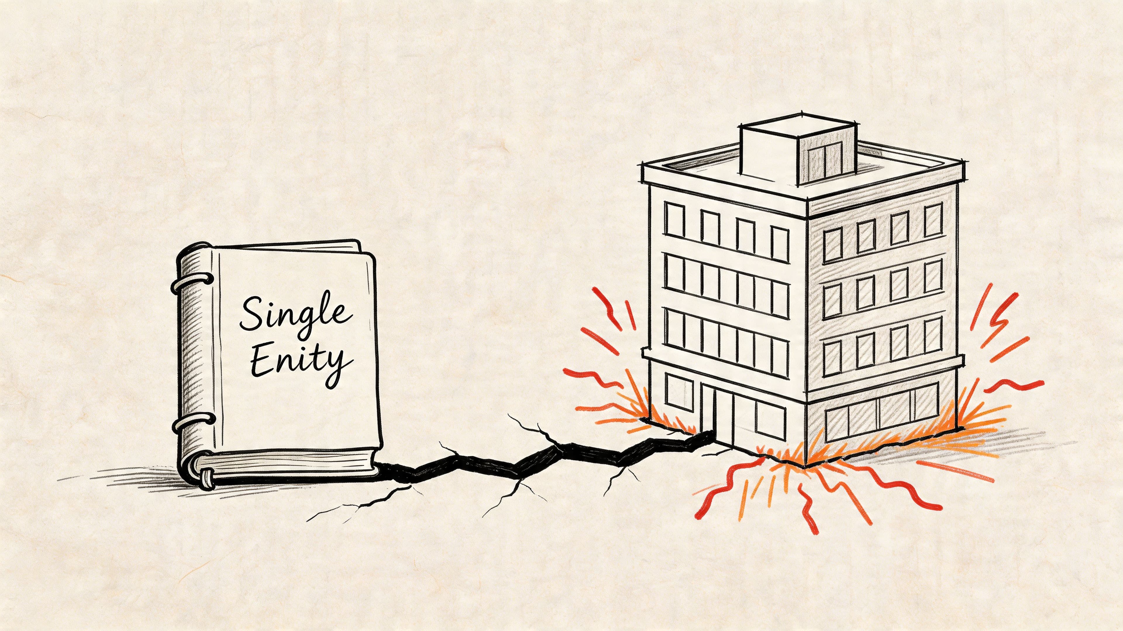 A conceptual illustration showing a single entry book connecting via a crack to a shaky building.