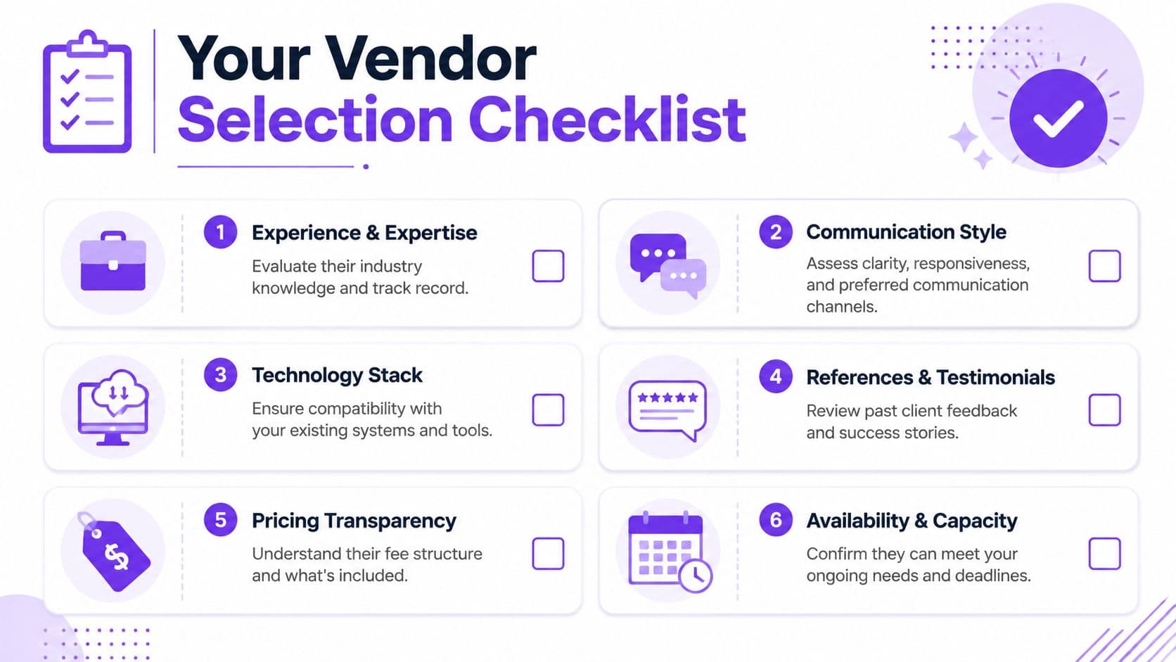 A vendor selection checklist graphic listing six essential criteria for evaluating potential business service providers.