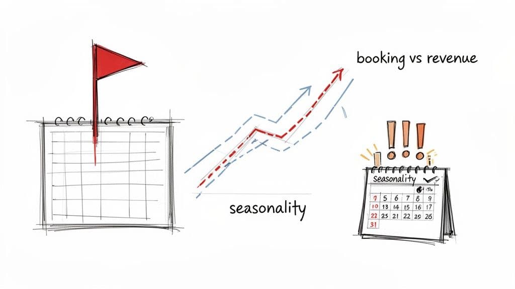 Hand-drawn calendars with a flag and exclamation marks, a line graph showing trends, and 'seasonality' and 'booking vs revenue' text.