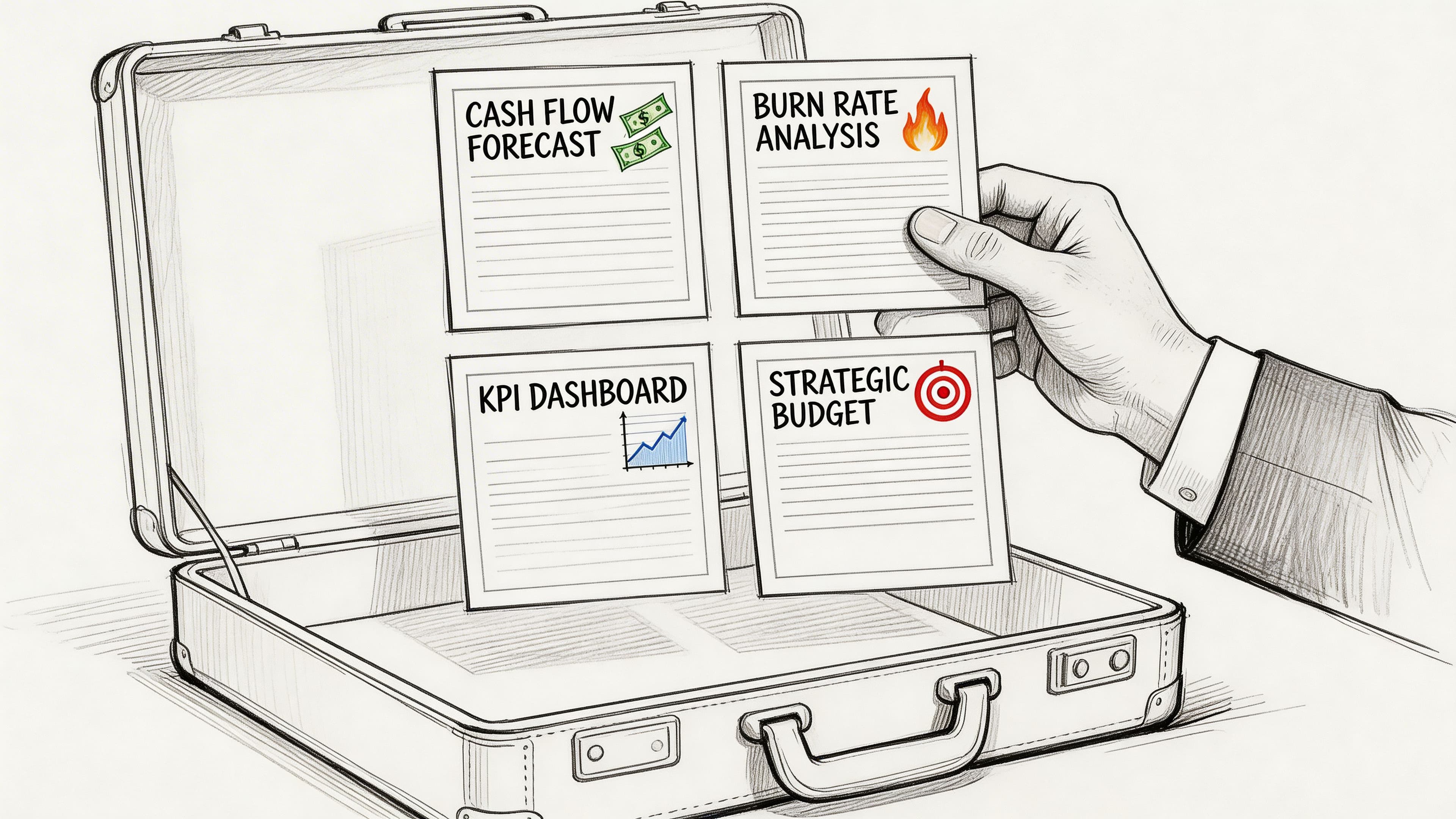 A hand holding a document with financial categories including cash flow, burn rate, KPI, and strategic budget.