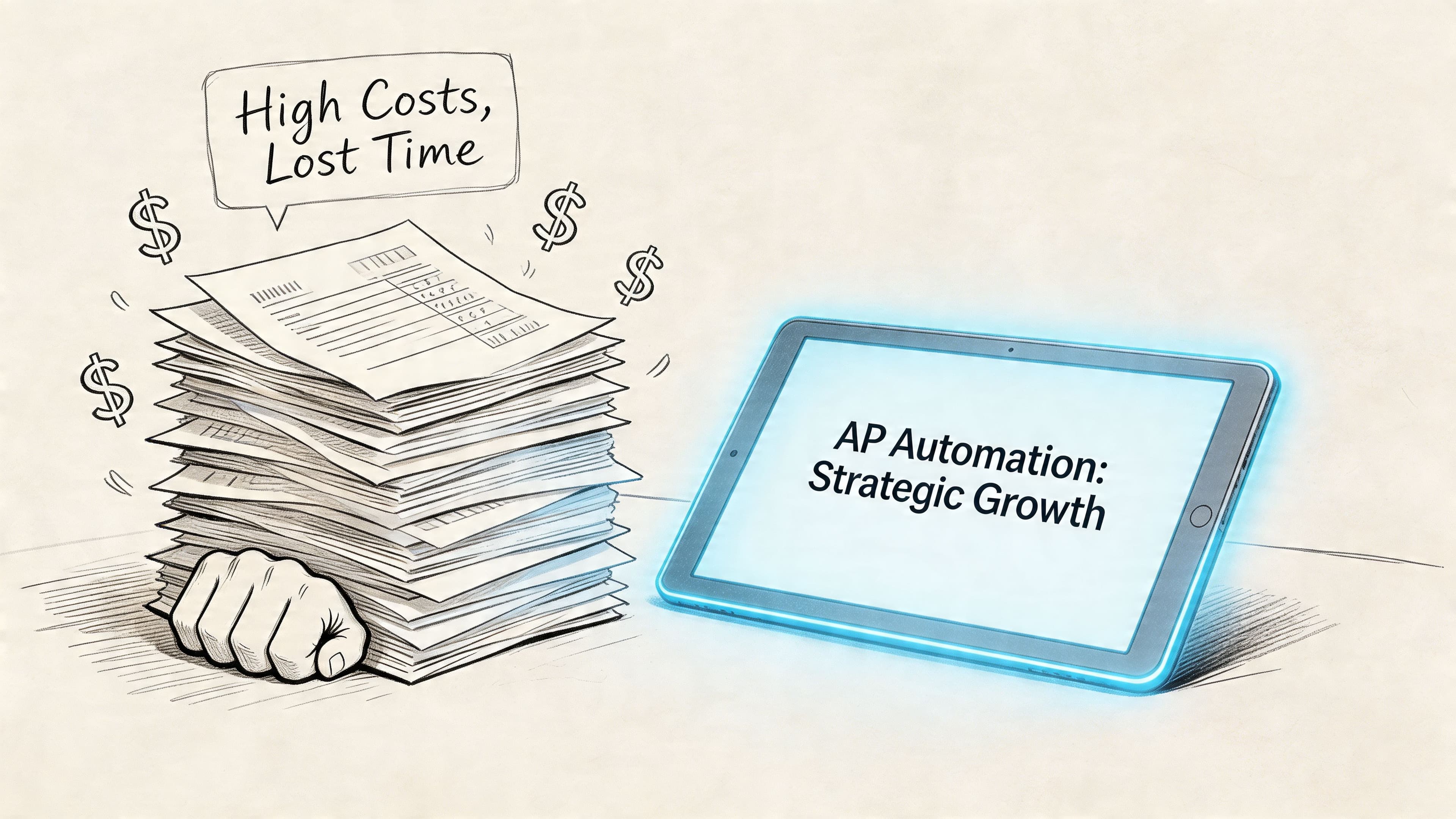 A pile of paperwork representing high costs and lost time beside a tablet showing AP automation strategic growth.