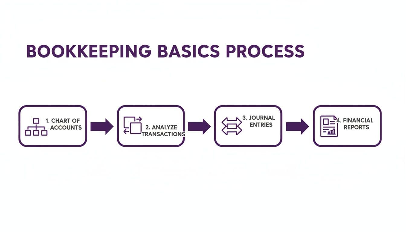 Flowchart illustrating the four-step bookkeeping basics process: chart of accounts, analyze transactions, journal entries, and financial reports.