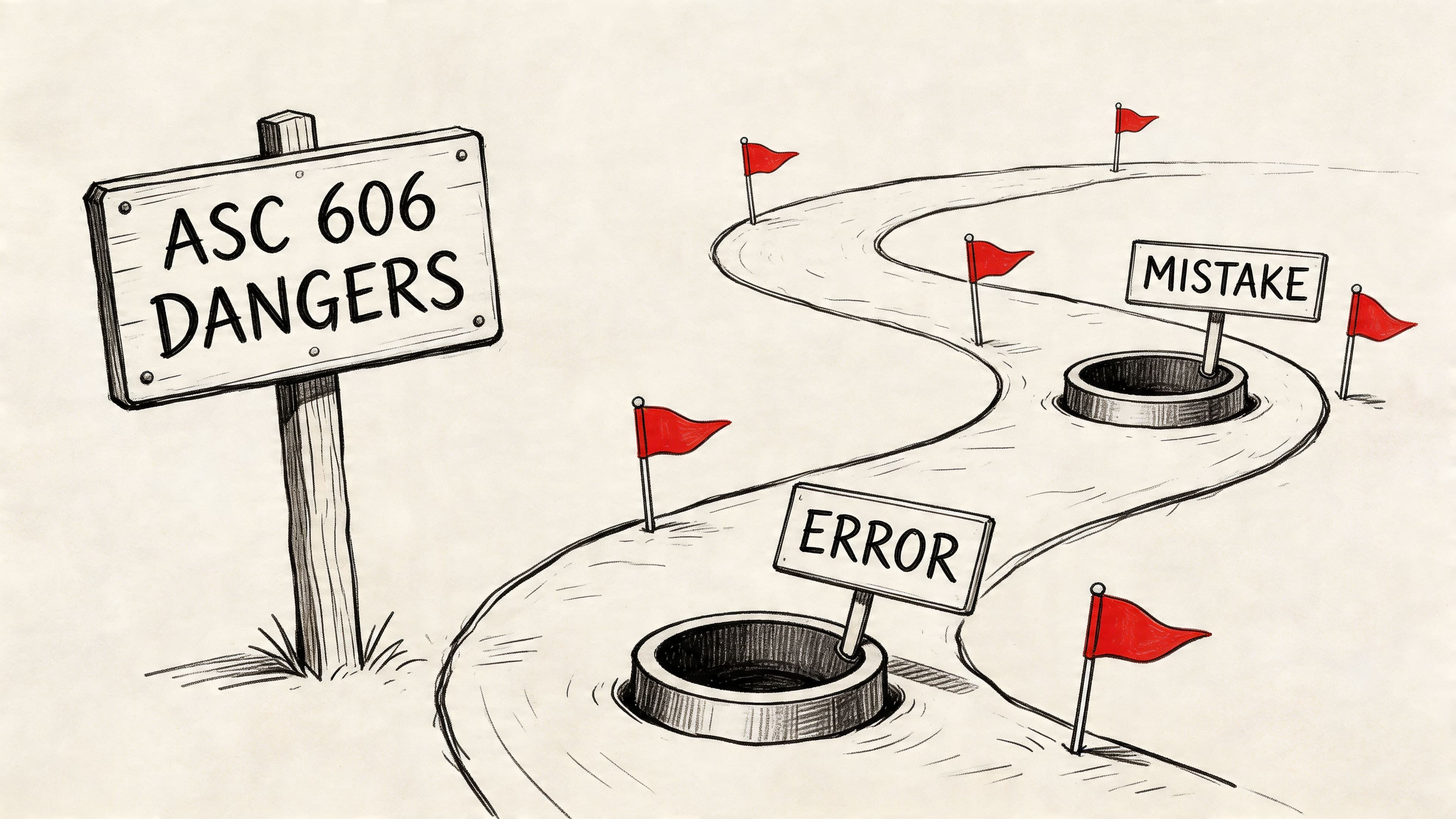 A pencil sketch shows a winding path featuring warning flags and holes labeled error and mistake.